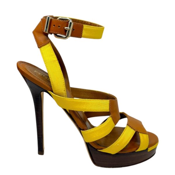 Gros Grain & Cowhide Stilletto Sandals Luxury Designer By Fendi In Mimosa & Honey, Size: US 6.5 IT 36.5 Fashion