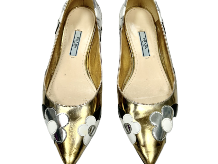 Shoes Luxury Designer By Prada In Gold & Silver, Size: 6.5 on Sale