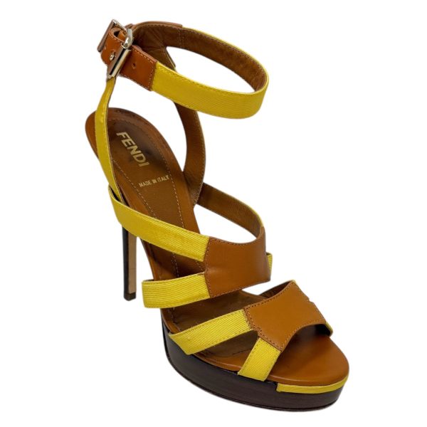 Gros Grain & Cowhide Stilletto Sandals Luxury Designer By Fendi In Mimosa & Honey, Size: US 6.5 IT 36.5 Fashion